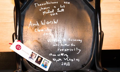 A chair signed by all 2013 Chemistry Laureates at the Nobel Museum in Stockholm