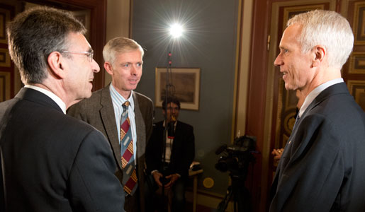 Chemistry Laureates Brian K. Kobilka (right) and Robert J. Lefkowitz (left) meet with Nobelprize.org's interviewer Adam Smith (middle)