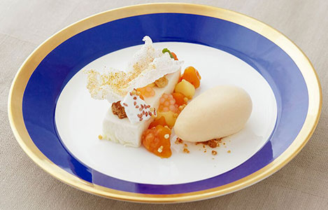 The dessert: cloud of sudachi fruit, cloudberry sorbet, miso crumbs and deep-fried rice paper