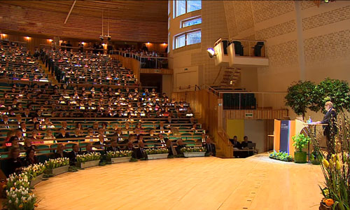 François Englert delivering his Nobel Lecture in the Aula Magna at Stockholm University