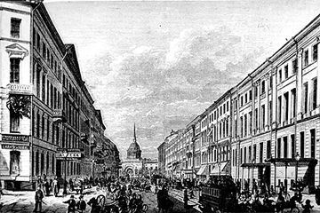 Nevskij Prospekt, the main street of St. Petersburg, in the 1870s.