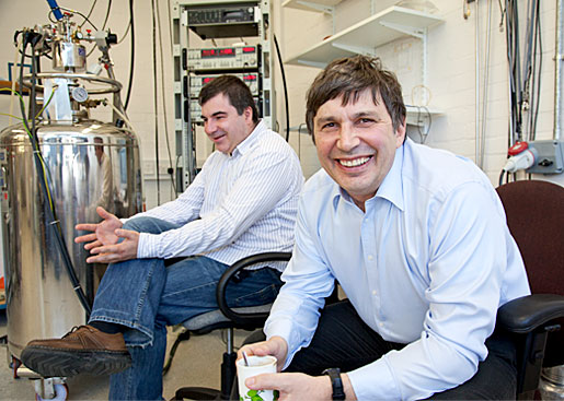 Andre Geim and Konstantin Novoselov  in their laboratory at the University of Manchester