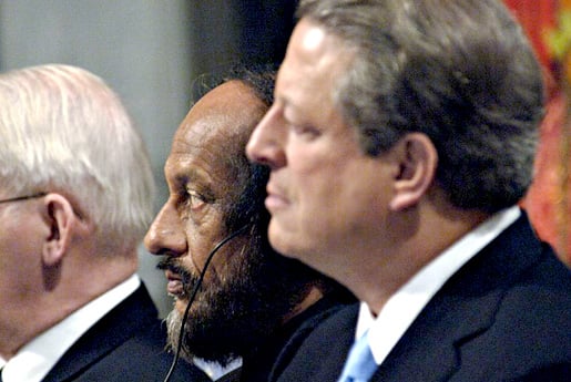 Rajendra K. Pachauri and Al Gore listen to the introductory speech during the 2007 Nobel Peace Prize Award Ceremony