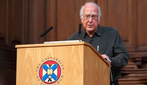 Professor Peter Higgs speaking at the University of Edinburgh, Scotland.