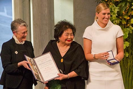 Setsuko Thurlow and Beatrice Fihn, receive the Nobel Peace Prize Medal and Diploma.