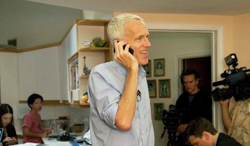 Brian K. Kobilka answers calls from reporters at his home immediately after the announcement of the Nobel Prize in Chemistry