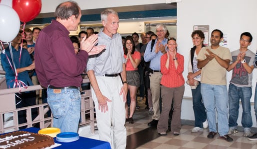 Brian K. Kobilka mis greeted by staff in the laboratory