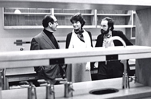 Salvador Luria with Nancy Hopkins and David Baltimore at the MIT Cancer Center
