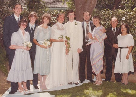 Wedding party, L-R: Burr (best man) and Barb Stewart, Sharon’s brother Doug, her sister Debra, Sharon, me, Michel and Ruth Stein, William A. (father) and Esther Moerner (stepmother).