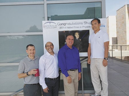 Shuji with his colleagues James Speck, Umesh Mishra and Steven DenBaars at UCSB after the announcement of the 2014 Nobel Prize in Physics.