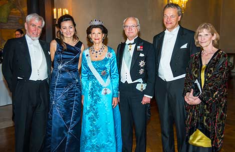 Members of the Swedish Royal Family receive the Laureates and their significant others in the Prince's Gallery after the Nobel Banquet. From left to right: John O'Keefe, May-Britt Moser, Her Majesty Queen Silvia, King Carl XVI Gustaf, Edvard I. Moser and and Professor Eileen O'Keefe.