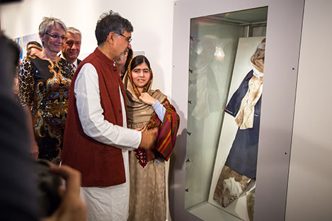 Kailash Satyarthi and Malala Yousafzai at the opening of the exhibition 'Malala and Kailash' at the Nobel Peace Center in Oslo, Norway. Copyright Â© Nobel Peace Center 2014. Photo: Johannes Granseth.