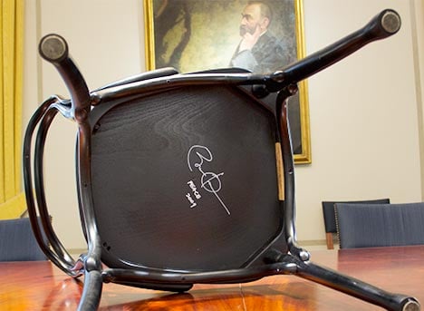 Chair autographed by Barack Obama. Copyright Â© Nobel Media 2013. Photo: N. Elmehed
