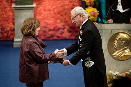 Svetlana Alexievich  receiving her Nobel Prize from H.M. King Carl XVI Gustaf of Sweden