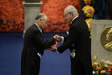 Satoshi Ōmura receiving his Nobel Prize from H.M. King Carl XVI Gustaf of Sweden