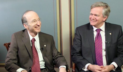 Saul Perlmutter (left) and Brian P. Schmidt (right) during their interview with Nobelprize.org