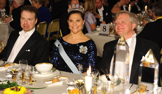 Brian P. Schmidt, Crown Princess Victoria of Sweden and Physics Laureate Adam G. Riess at the Nobel Banquet