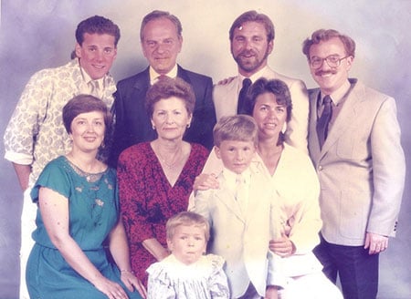 The Schekman Family circa 1984: Top from left, Tracey, Alfred, Murry, Randy; seated from left, Nancy, Esther, Dale Zevin, standing in front from left, Lauren, Joel.