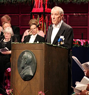 Per Wästberg delivering the Presentation Speech for the 2010 Nobel Prize in Literature