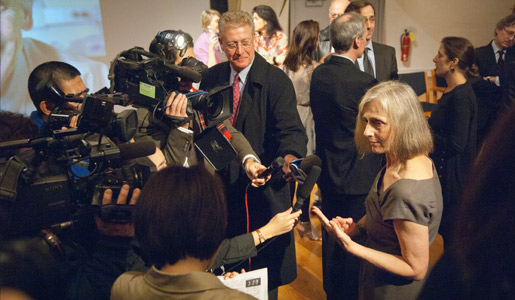 Ralph M. Steinman's wife, Claudia Steinman, speaks with reporters after the announcement of the 2011 Nobel Prize in Physiology or Medicine.