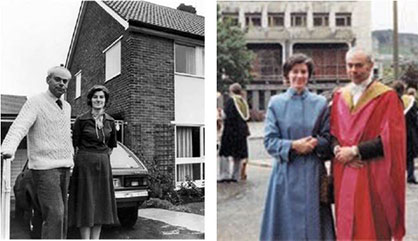 Left: With Norma outside our third Sheffield home in Bradway c. 1982. Right: After graduating from Edinburgh in 1980 with a DSc degree.