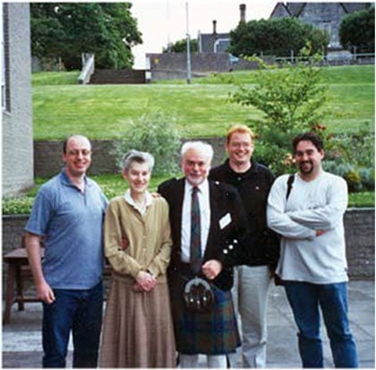 Norma and I with David Leigh, Stuart Rowan and Stuart Cantrill after the International Symposium on Macrocyclic Chemistry held at St Andrews University in July 2000.