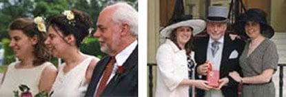 Left: Three peas in a pod. With Alison and Fiona at Fiona's wedding in June 2000. Right: Outside Buckingham Palace with Alison and Fiona in June 2007 after being knighted by HM Queen Elizabeth.