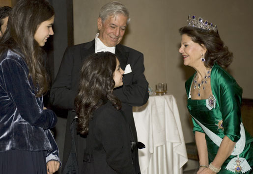 Mario Vargas Llosa and his young relatives meet Queen Silvia of Sweden after the Nobel Banquet