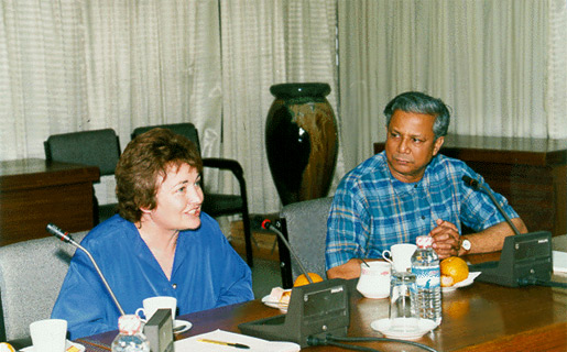 Mairead Corrigan Maguire, 1976 Nobel Peace Prize Laureate, during her visit with Professor Muhammad Yunus and Grameen Bank