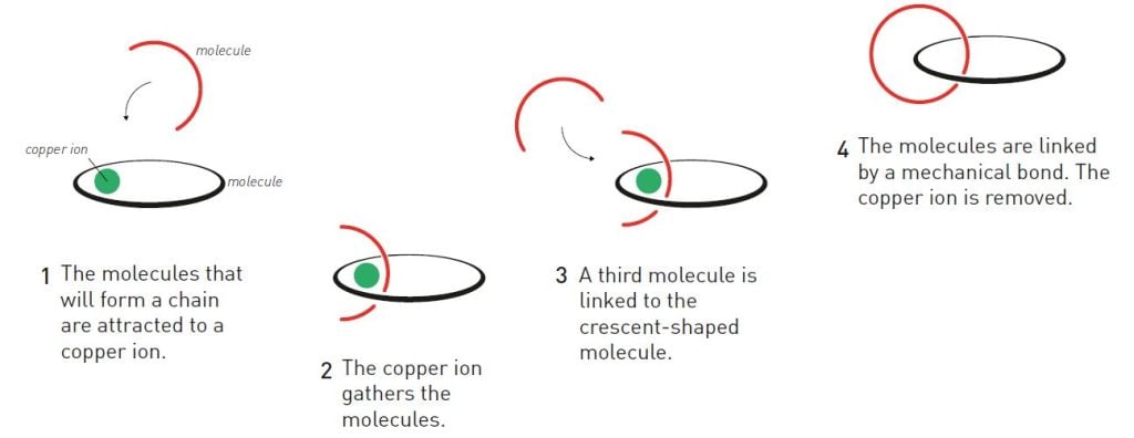 Illustration of how Jean-Pierre Sauvage used a copper ion to interlock molecules using a mechanical bond.