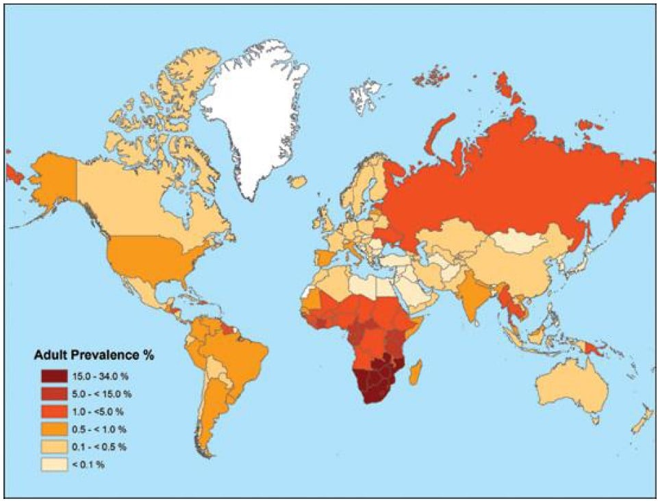 Illustration showing the epidemiologic spread of the
33.2 million individuals currently living with HIV-1 according to UNAIDS 